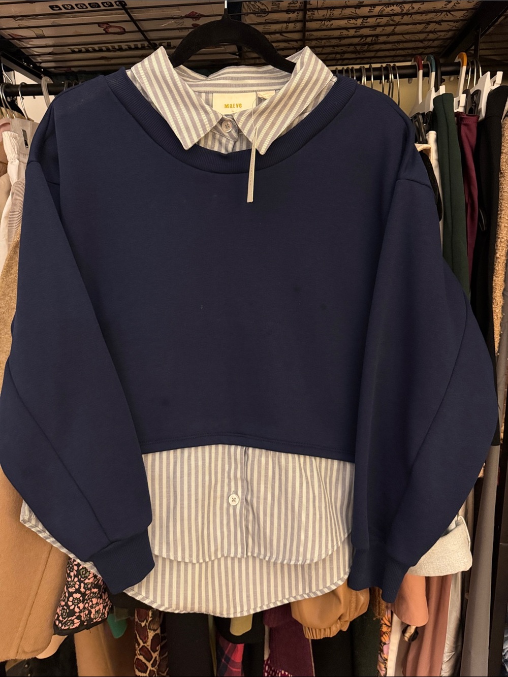 Anthropologie Navy Layered Sweatshirt with Blue-White Striped Shirt Detail